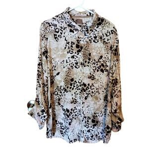 White Stag Womens Sz XL Button Down‎ Blouse Animal Print Roll Sleeves Brown Pink